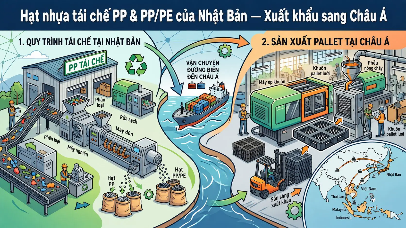 Infographic luồng xuất khẩu thể hiện hạt nhựa PP và PP/PE tái chế Nhật Bản trong túi FIBC, dây chuyền đúc phun tại nhà máy, pallet nhựa thành phẩm, đóng container tại cảng Nhật Bản, và tuyến vận chuyển từ Nhật Bản đến các thị trường châu Á lớn gồm Việt Nam, Đài Loan, Hàn Quốc, Thái Lan, Philippines, Malaysia và Indonesia