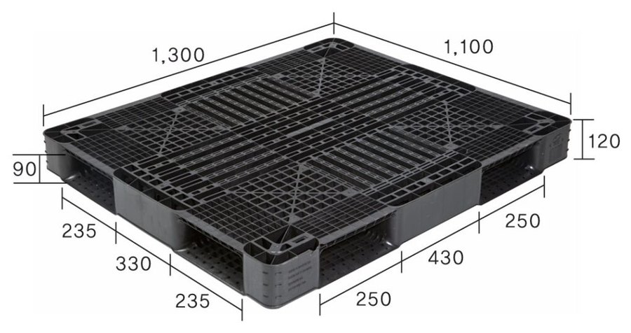 1300×1100・高さ120mm・差込口90mmのワンウェイパレットの寸法図
