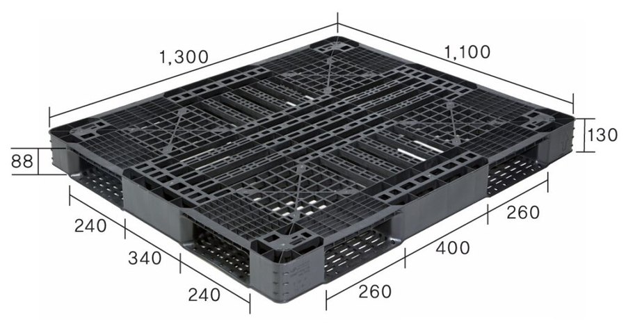 1300×1100・高さ130mm・差込口88mmのワンウェイパレットの寸法図