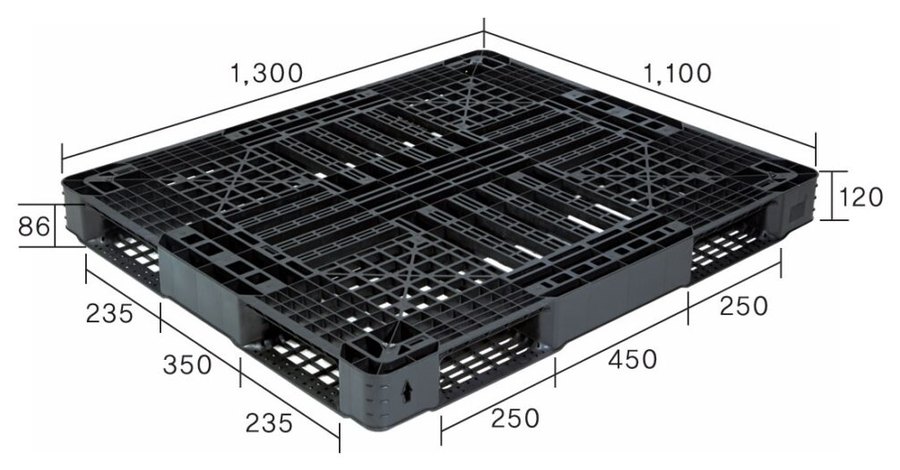 1300×1100・高さ120mm・差込口86mmのワンウェイパレットの寸法図