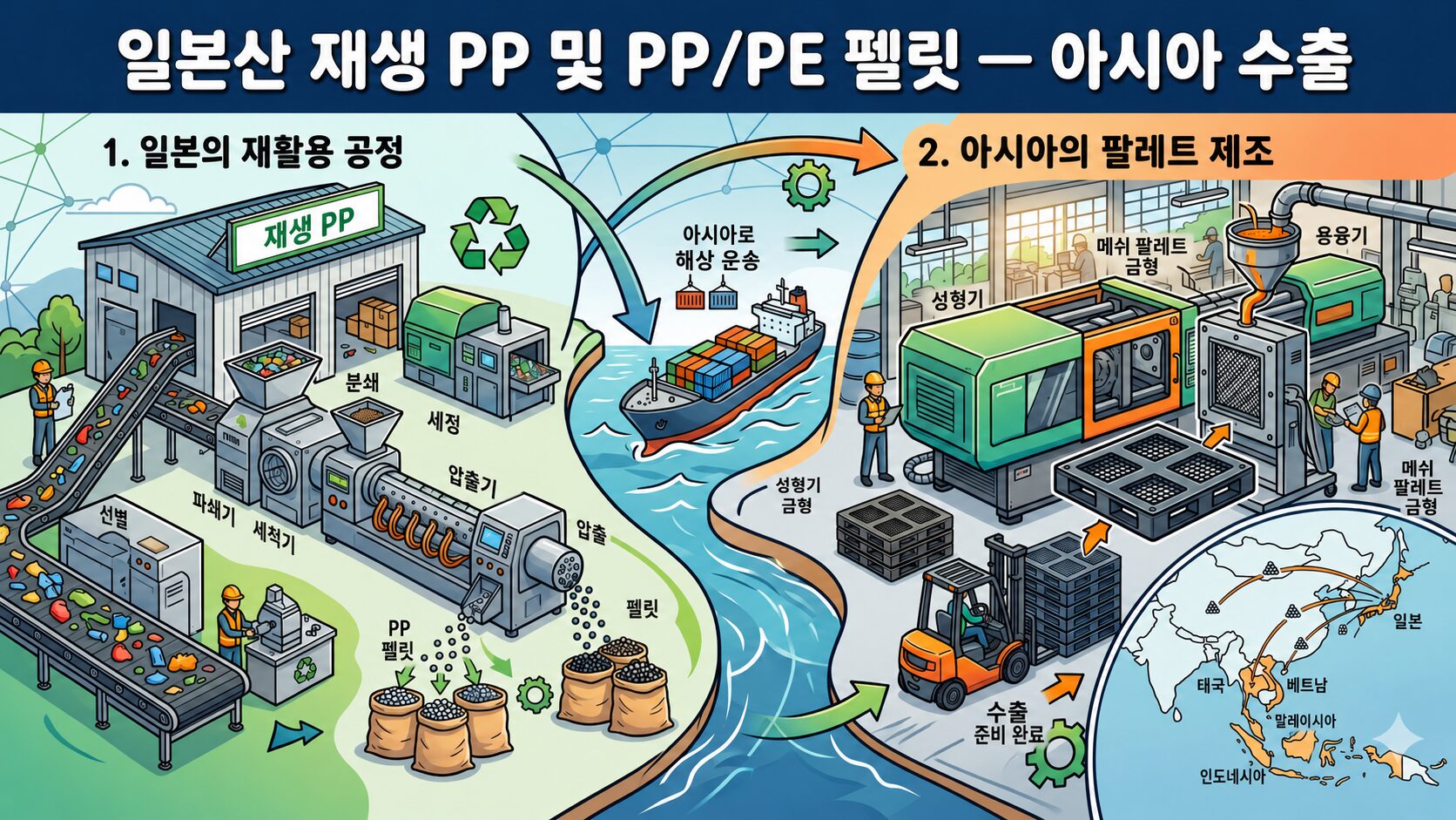 일본산 재생 PP 및 PP/PE 펠릿이 FIBC 백에 담겨 공장 내 사출 성형 라인, 완성된 플라스틱 파레트, 일본 항구의 컨테이너 적재, 일본에서 한국·대만·베트남·태국·필리핀·말레이시아·인도네시아 등 주요 아시아 시장으로의 출하 경로를 보여주는 수출 흐름 인포그래픽