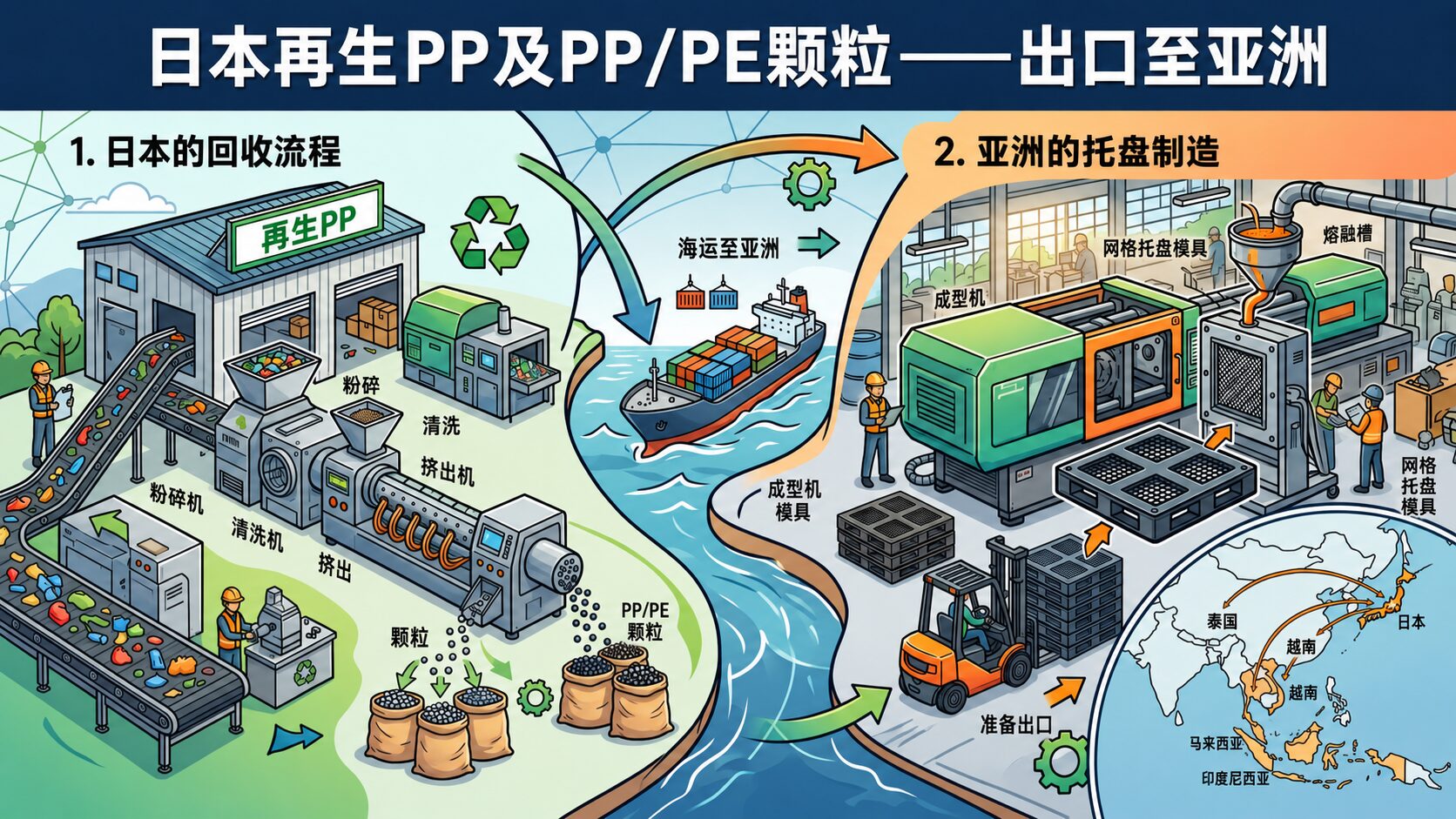 日本產再生PP及PP/PE粒料以太空袋包裝, 經由工廠射出成型線、完成的塑膠棧板、日本港口貨櫃裝載, 並從日本出口至台灣、韓國、越南、泰國、菲律賓、馬來西亞、印尼等主要亞洲市場的出口流程資訊圖表