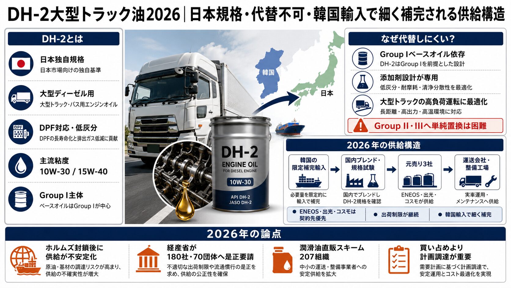 DH-2大型トラック油2026｜日本規格・代替不可・韓国輸入で細く補完され 